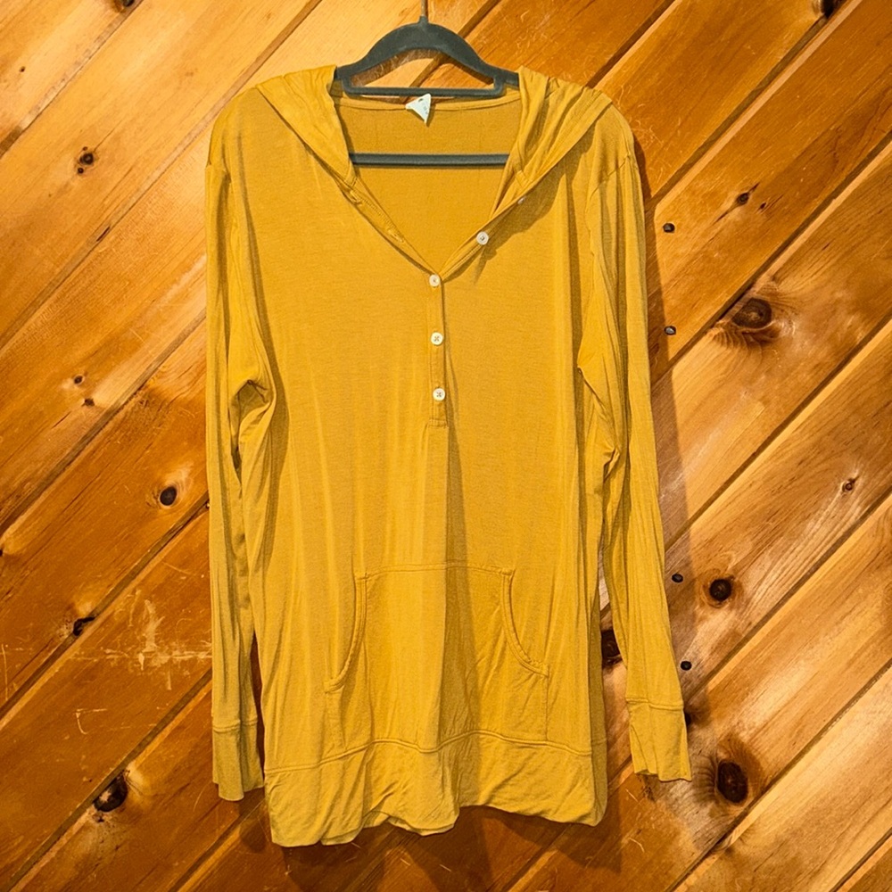 Kate Quinn mama fennel mustard yellow bamboo long sleeve button hoodie top
